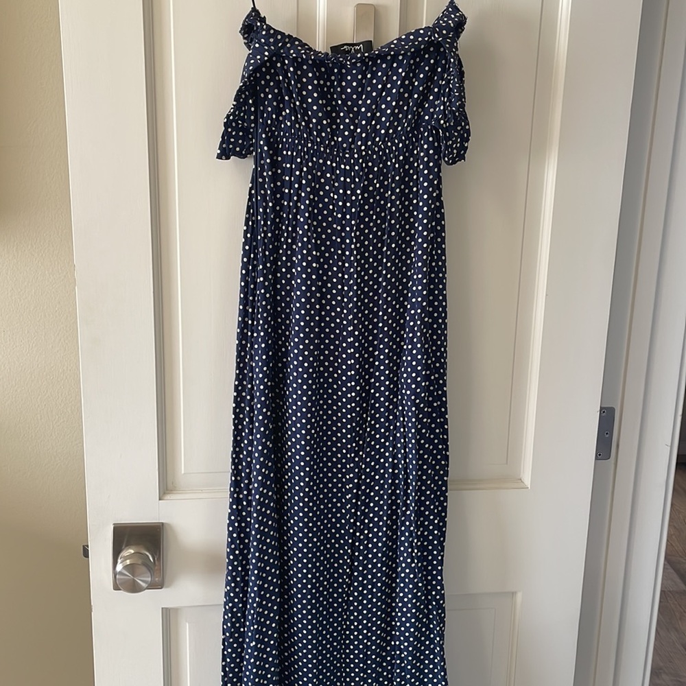 Lulus Dream Love Navy Blue Polka Dot Off-the-Shoulder Maxi Dress - Picture 10 of 10